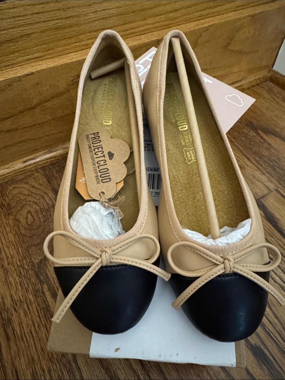 Two-Tone Beige and Black Ballet Flats